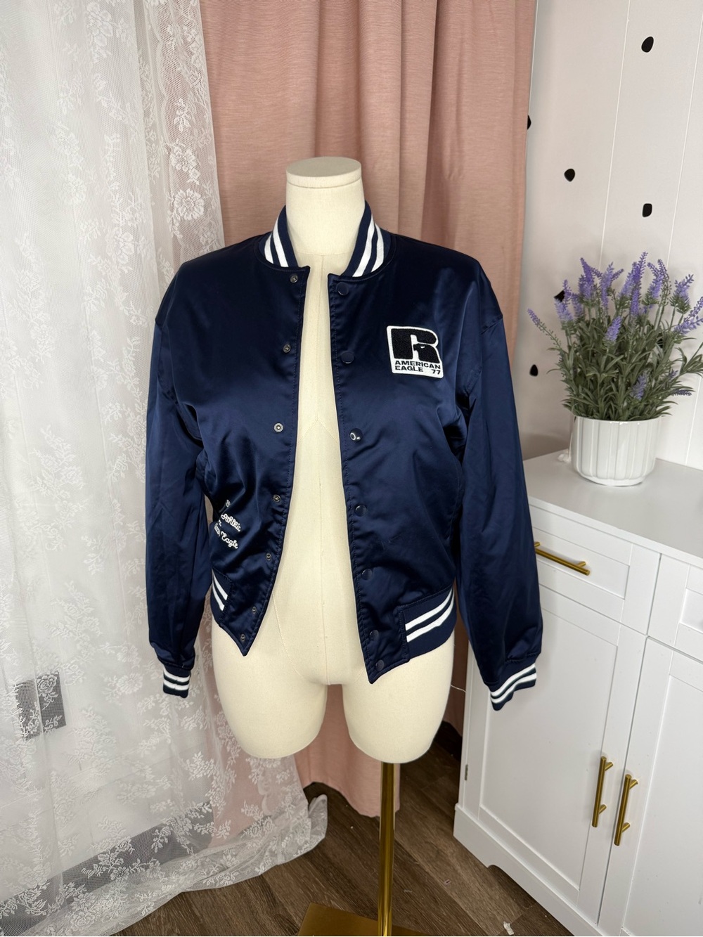 American Eagle and russle athletic  Satin Varsity Bomber Jacket NWOT BIN/D